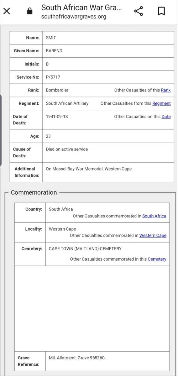 Super Rare World War 2 Death plaque L/bdr Barend Smit