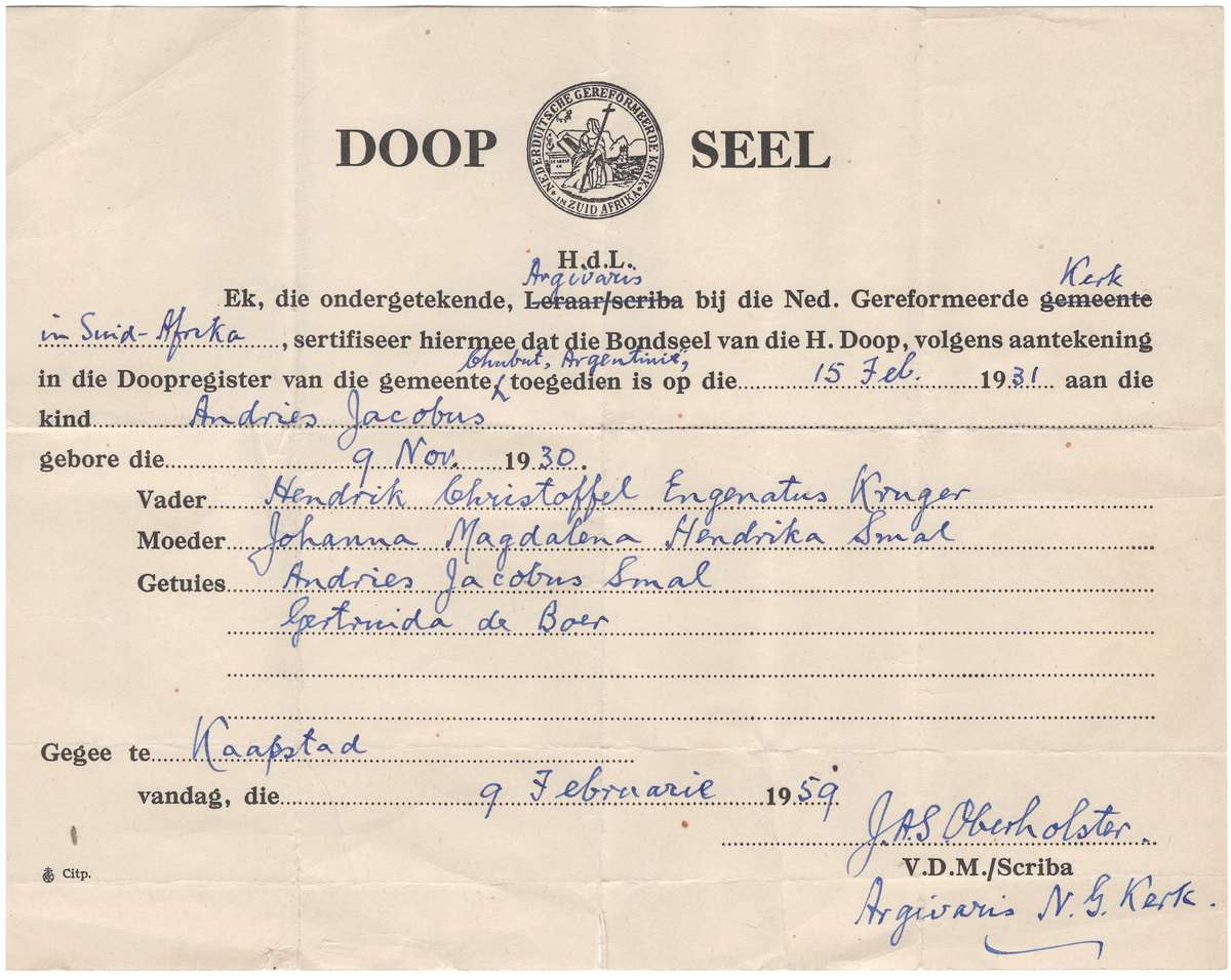 President Paul Kruger Family Member Militaria - Sersant AJ Kruger S.A. DEFENCE FORCE