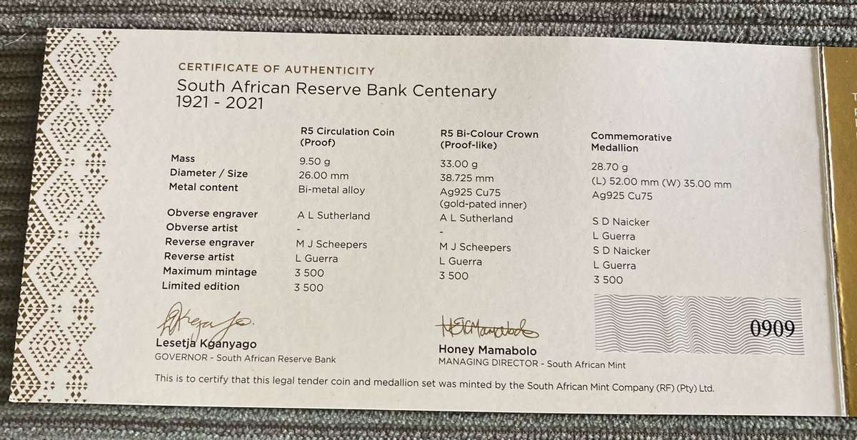 South African Reserve Bank Centenary Coin Set 1921-2021