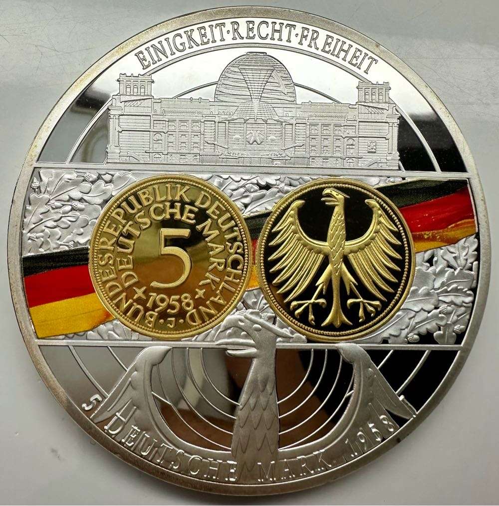 GIGANT MEDAL 110 GRAMS 5 DEUTSCHE MARK 1958 J SILVER-PLATED PP