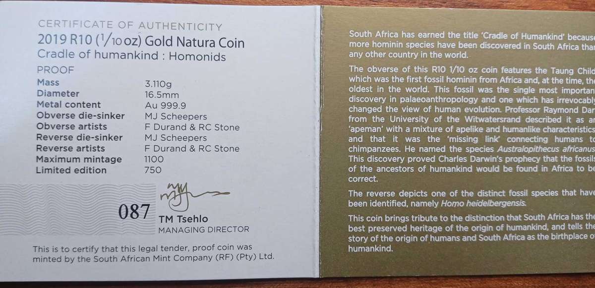 2019 R10 1/10oz Gold Natura Coin 24Carat gold Cradle of Humankind Homonids