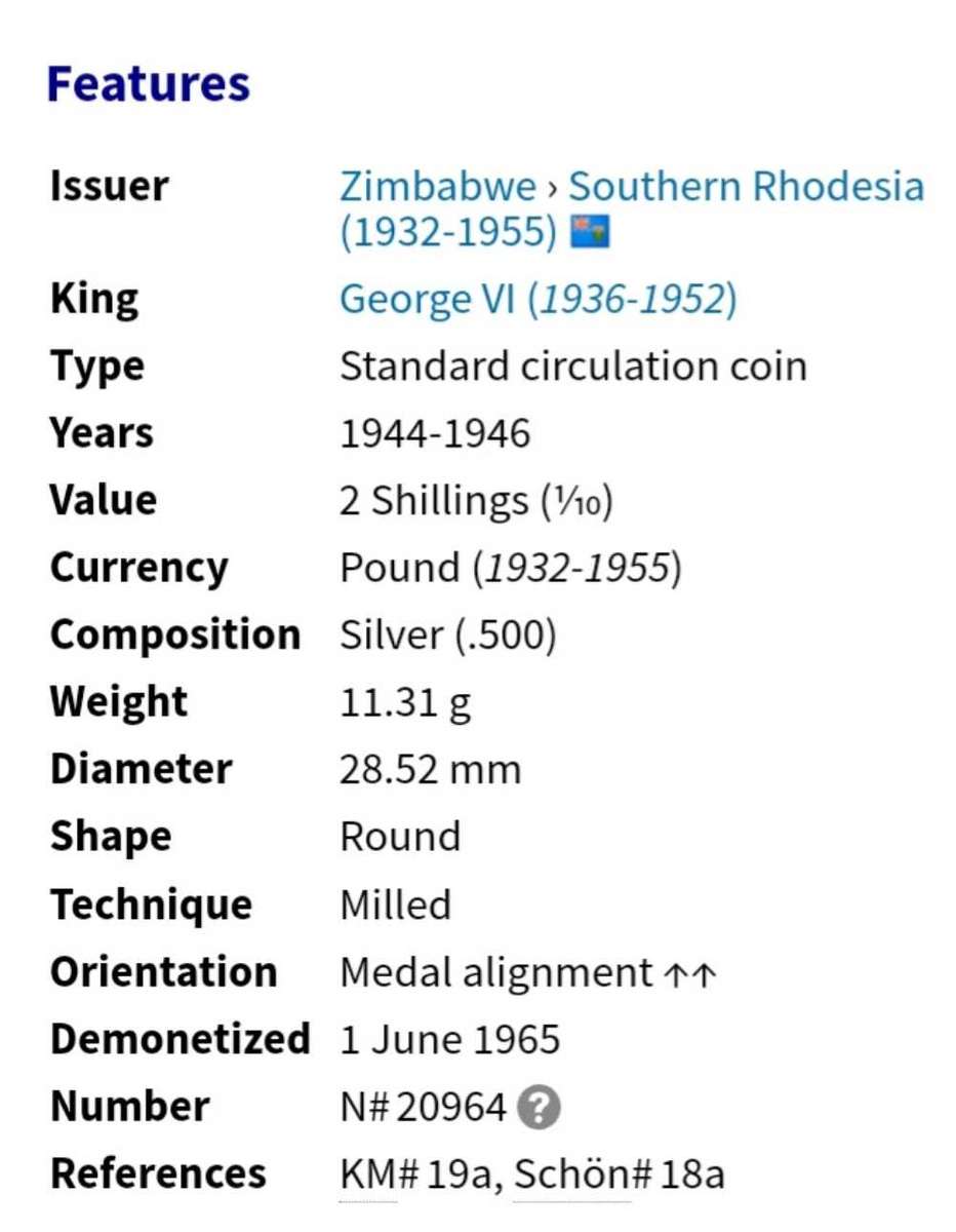 1944 Two Shillings Southern Rhodesia