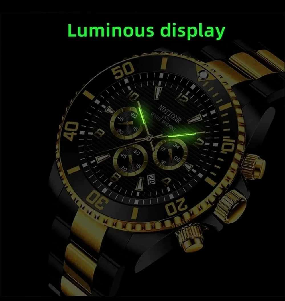 Luxury Watch for Men, Luminous Display, Chronograph, Quartz, Black Gold