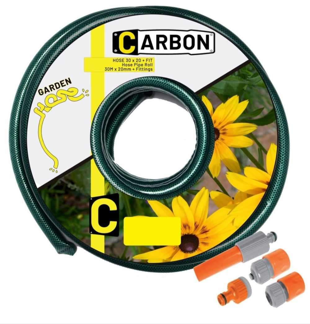 Carbon 30m x 20mm High Density Green Garden Hose Pipe Roll With 4 Fittings ***UNBOXED DEAL***