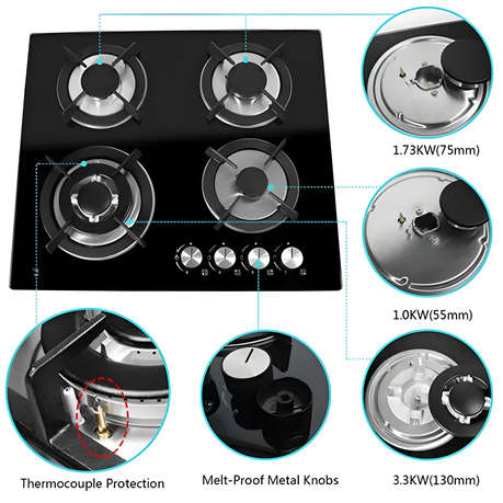 Aruif Built-In Tempered Glass Countertop 4 Burner Gas Hob 600mmx510mm