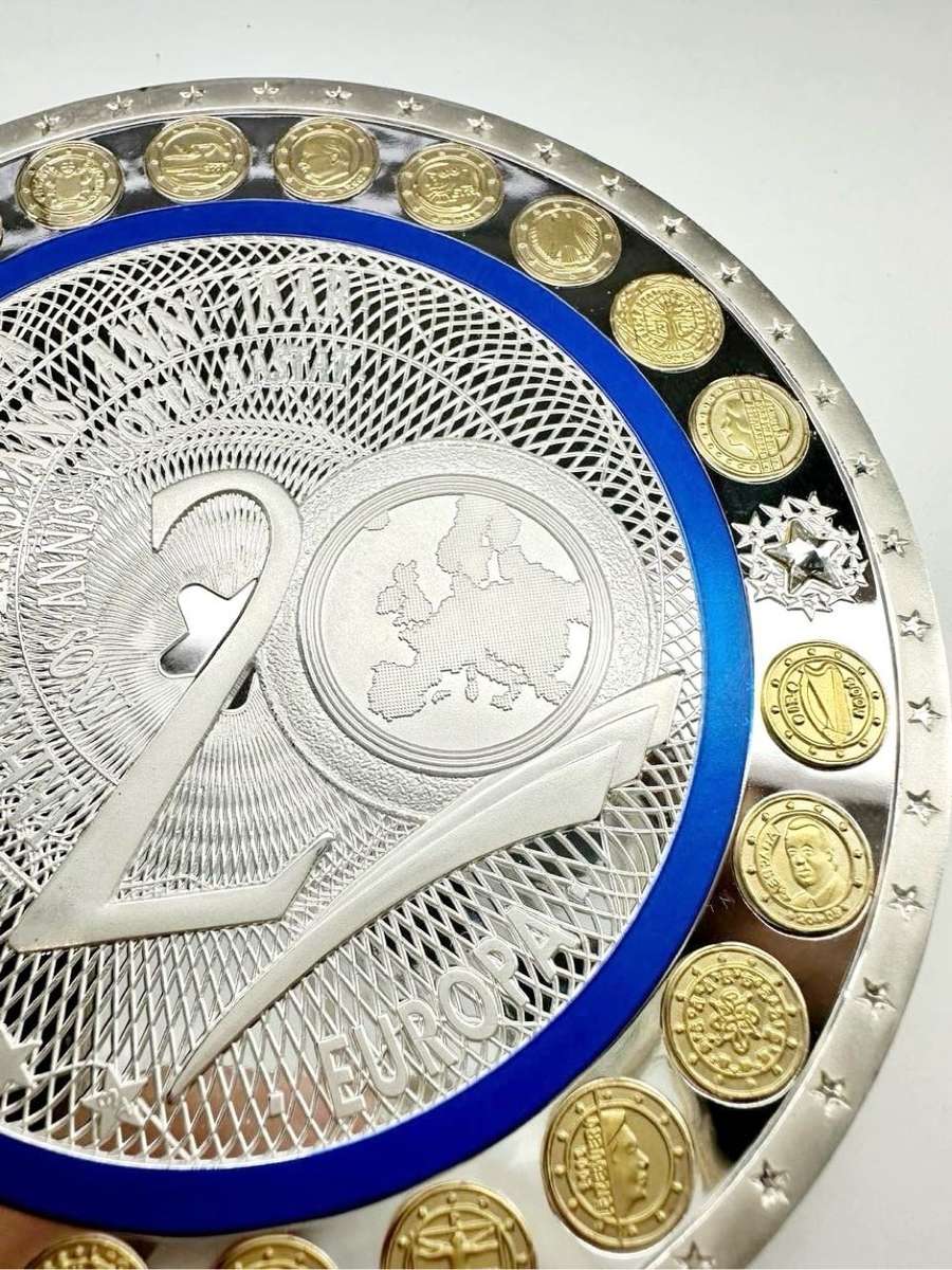 GIGANT MEDAL 100 MM 20 YEARS EURO SILVER-PLATED PP - RARE COLLECTIBLE ITEM + CERTIFICATE