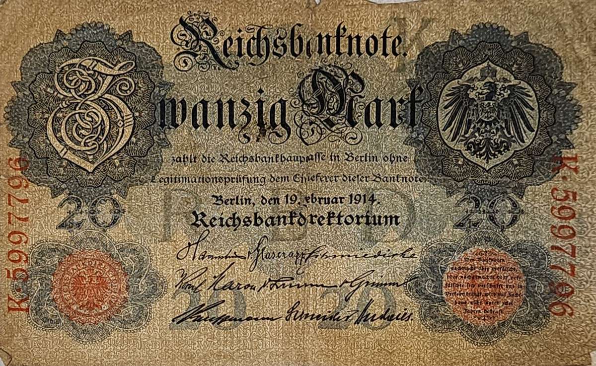1910 German Empire 20 Mark Banknote