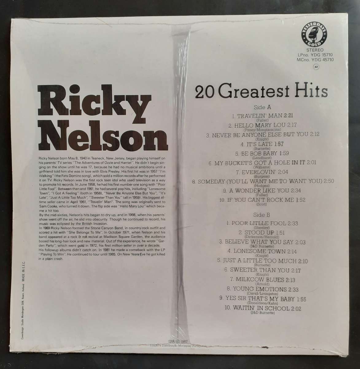 Ricky Nelson 20 Greatest Hits LP Vinyl Record - Europe Pressing