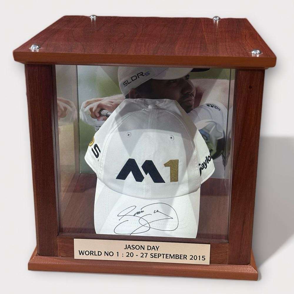 Autographed JASON DAY Golf Hat in Wood & Glass Display Case