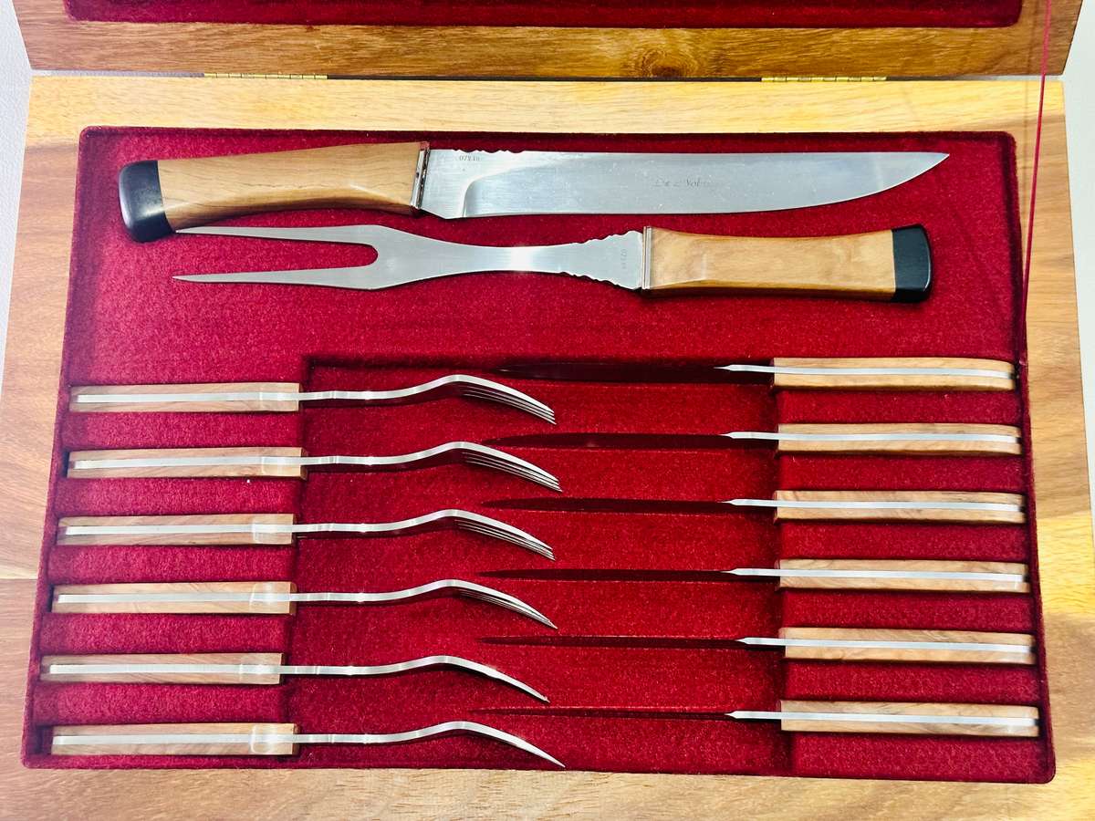 Vintage Handmade Cutlery Set In Solid Wood Case