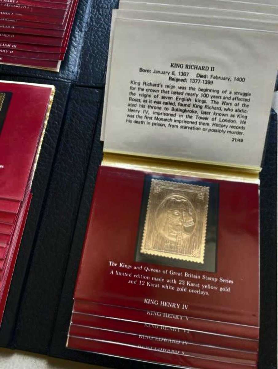 1977 GOLD STAMP SERIES of the Kings and Queens of Great Britain, full set of 49 23Karat gold stamps