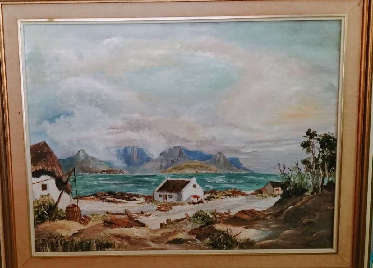 Cape Fishing Village Scene Framed Painting