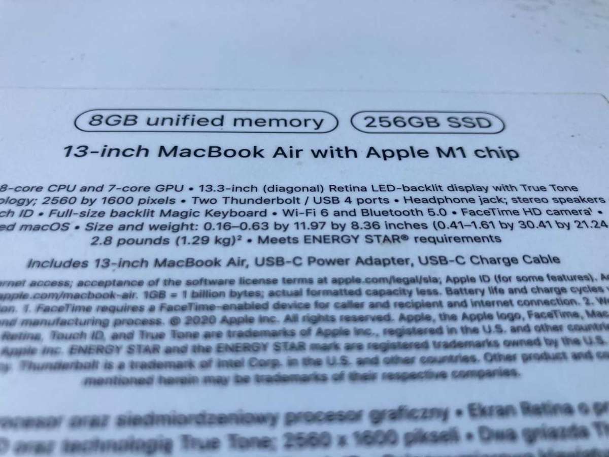2020 Apple Macbook Air M1 Chip 8GB RAM unified Memory 256GB SSD Storage Space Grey