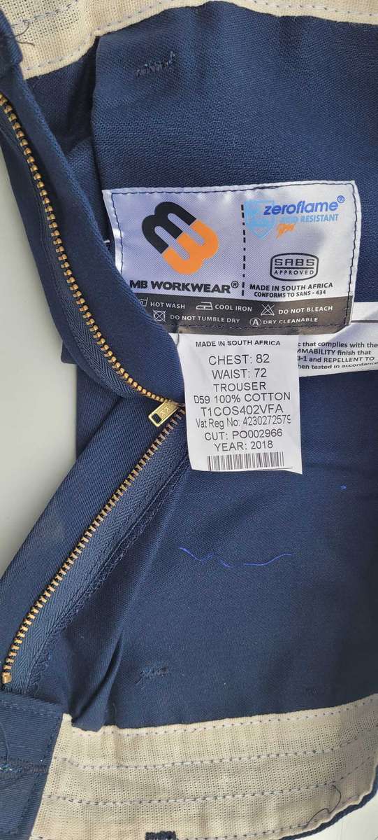Size 82 Chest, 72 Waist ZERO-FLAME SABS Approved Flame Resistant  Work PANTS ONLY