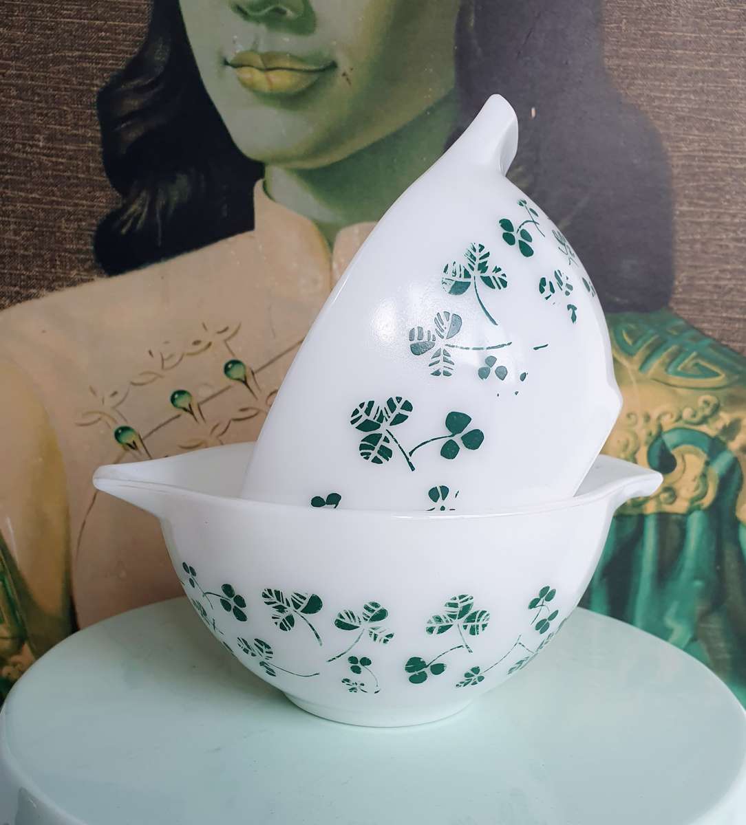 Vintage Duo Pyrex Tableware Bowl with Clover leaf Shamrock design from 1960