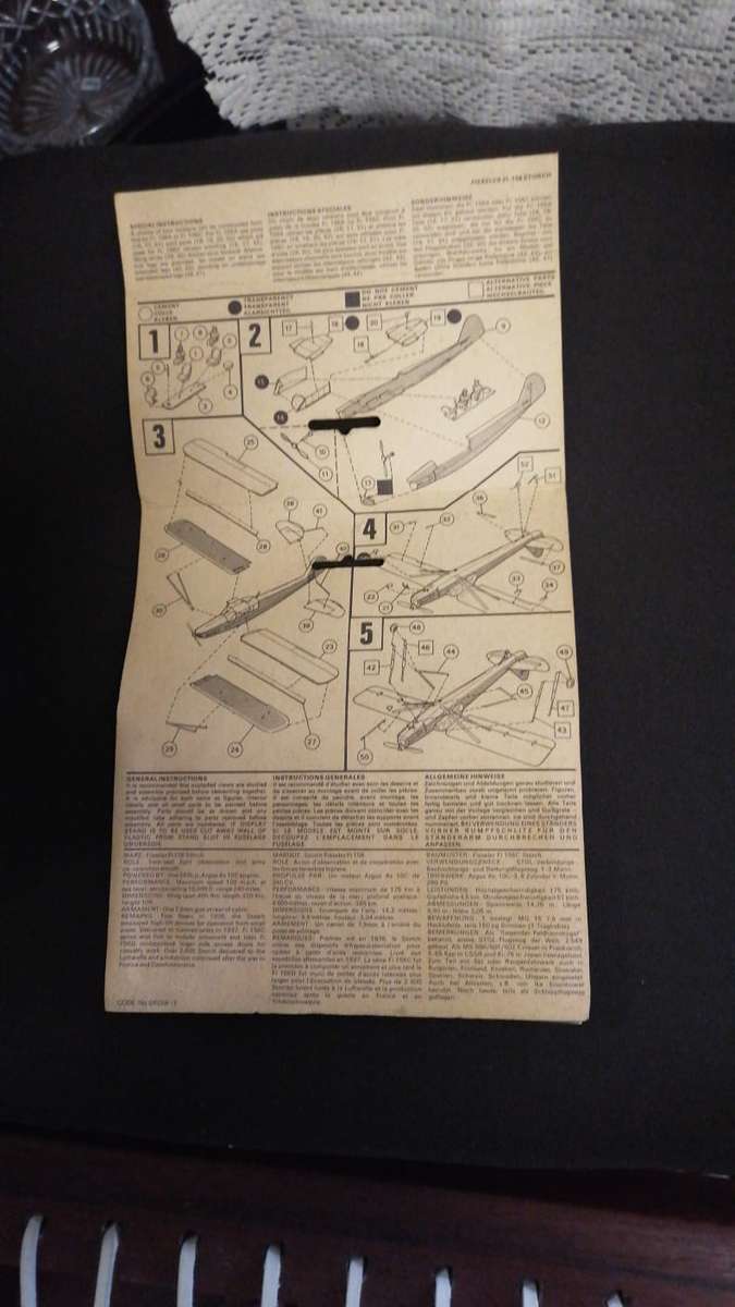 Model Airplane Construction Kit, Airfix, Fiedler Storch series 1 scale, 72nd scale