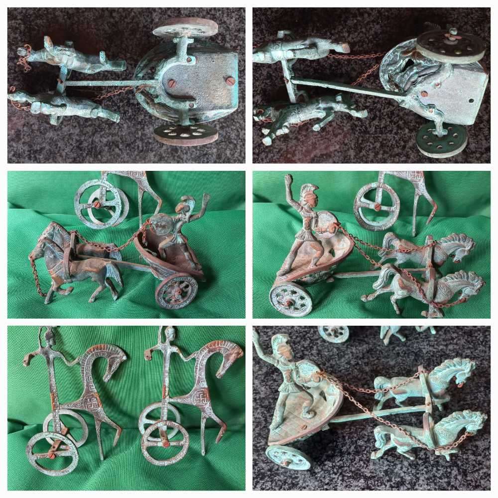Vintage aged brass sculptures Ancient Greek Roman Mythology Achilles Chariot