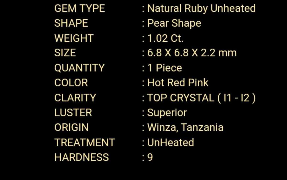 Natural 1.02 Ct Winza Rubie UNHEATED