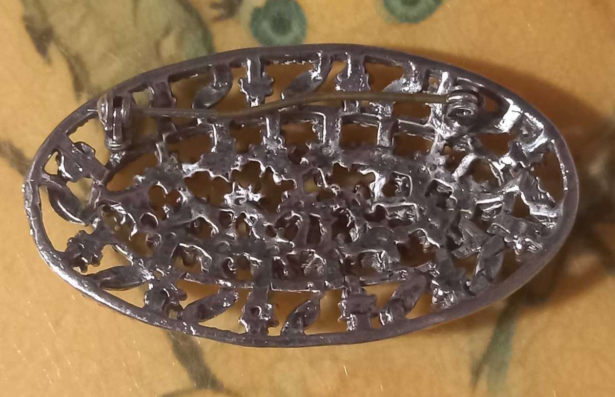 Vintage Silver Tone Brooch with Faux Seed Pearls and Clear Rhinestones