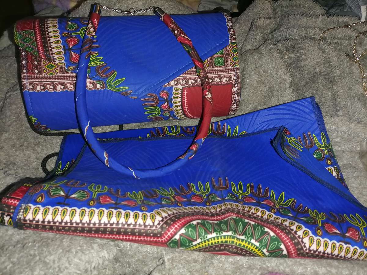 African clutch bag, neck piece, earrings and head scarf
