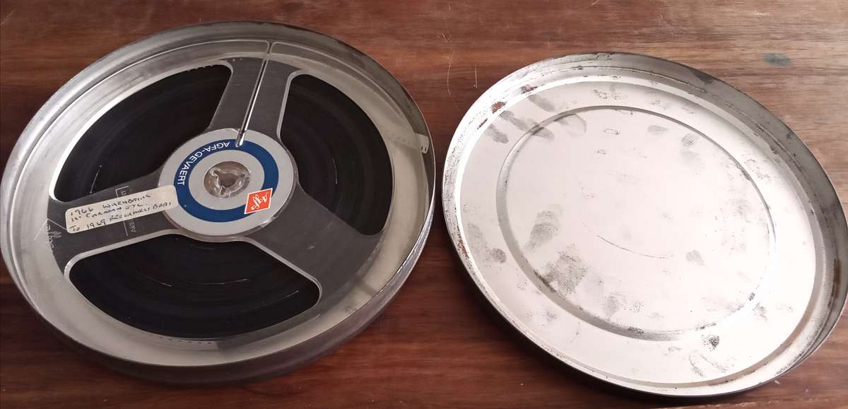 9.5mm Projector Film Reel in Vintage Tin. 1966,1969 Footage.