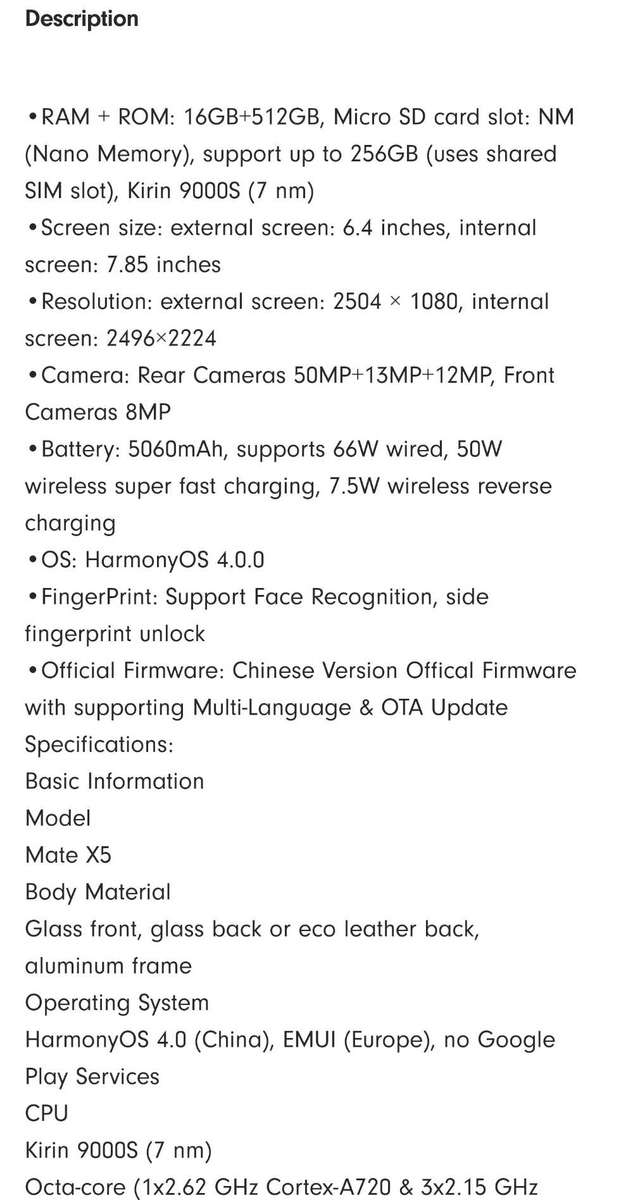 HUAWEI MATE X5 FOLD SMART PHONE 7.85" Kirin 9000S 16gb-512gb Harmony OS 4.0 50 MP CAMRA 5060