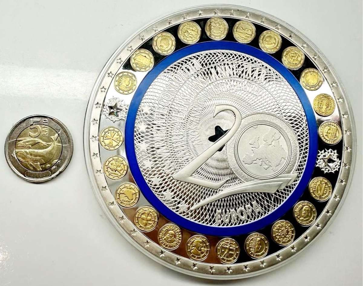 GIGANT MEDAL 100 MM 20 YEARS EURO SILVER-PLATED PP - RARE COLLECTIBLE ITEM + CERTIFICATE