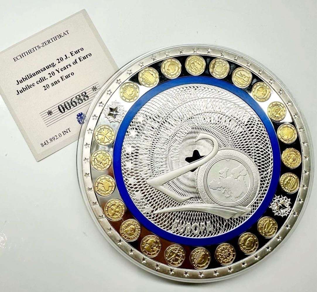 GIGANT MEDAL 100 MM 20 YEARS EURO SILVER-PLATED PP - RARE COLLECTIBLE ITEM + CERTIFICATE