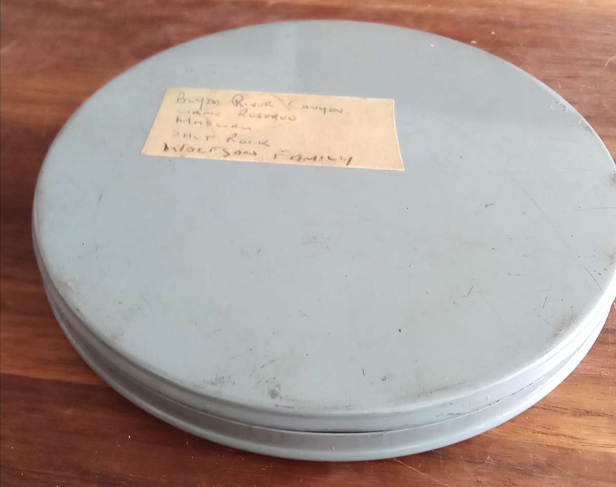 9.5mm Projector Film Reel in Vintage Tin. Blyderiver Canyon, Salt Rock, Game reserve footage.