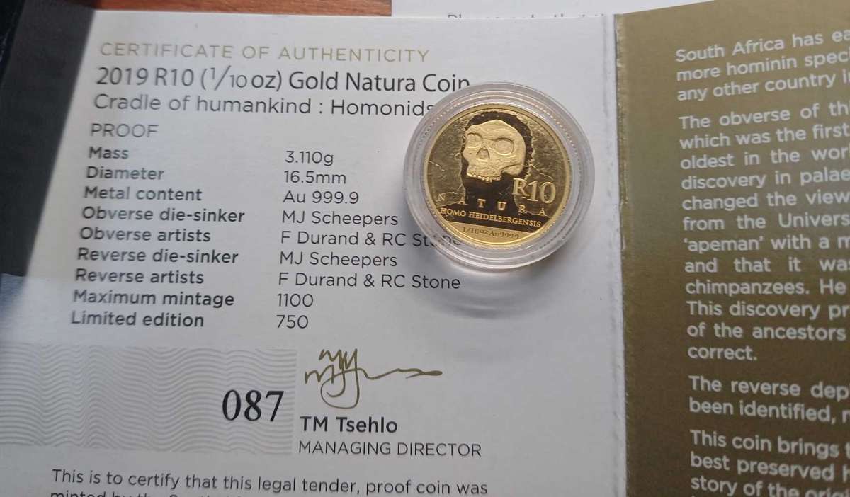 2019 R10 1/10oz Gold Natura Coin 24Carat gold Cradle of Humankind Homonids