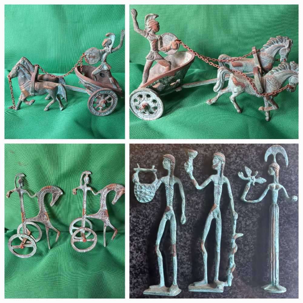 Vintage aged brass sculptures Ancient Greek Roman Mythology Achilles Chariot