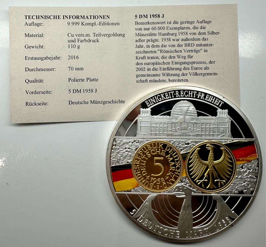 GIGANT MEDAL 110 GRAMS 5 DEUTSCHE MARK 1958 J SILVER-PLATED PP