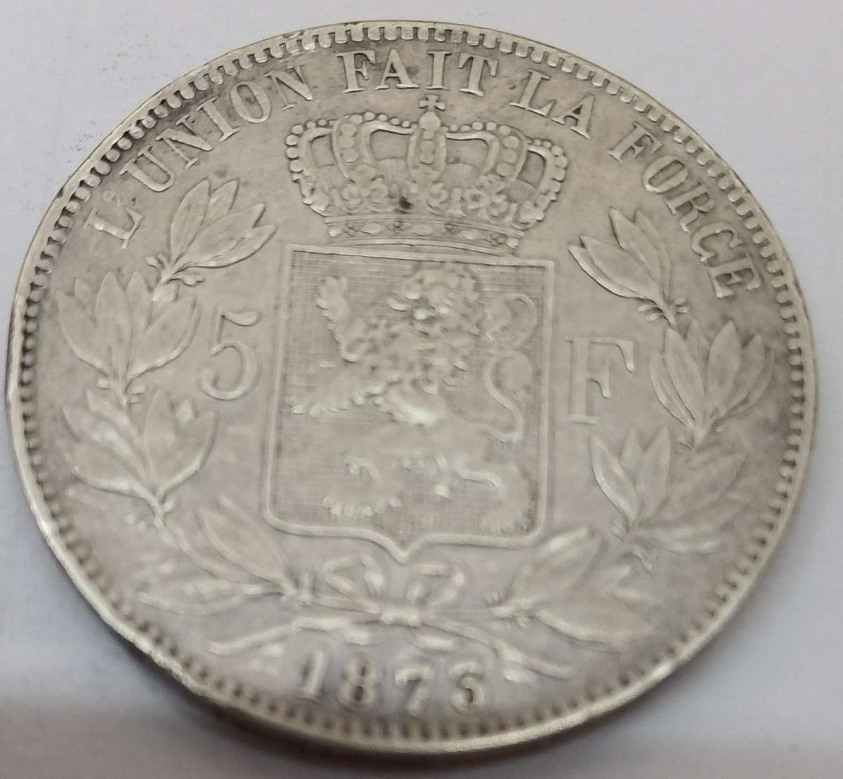 90% 1873 Silver Belgian 5Francks Large Head