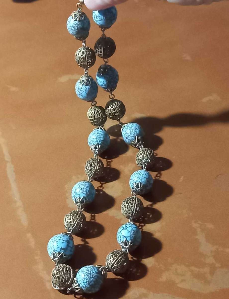 Antique Czech Turquoise with Gold Hubbell Glass Beads and Bronze Ball Filigree Attachments