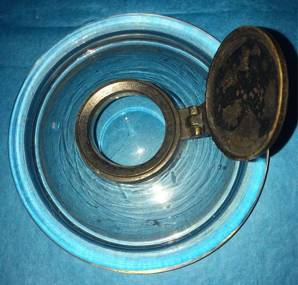 Antique hand blown glass inkwell with brass lid
