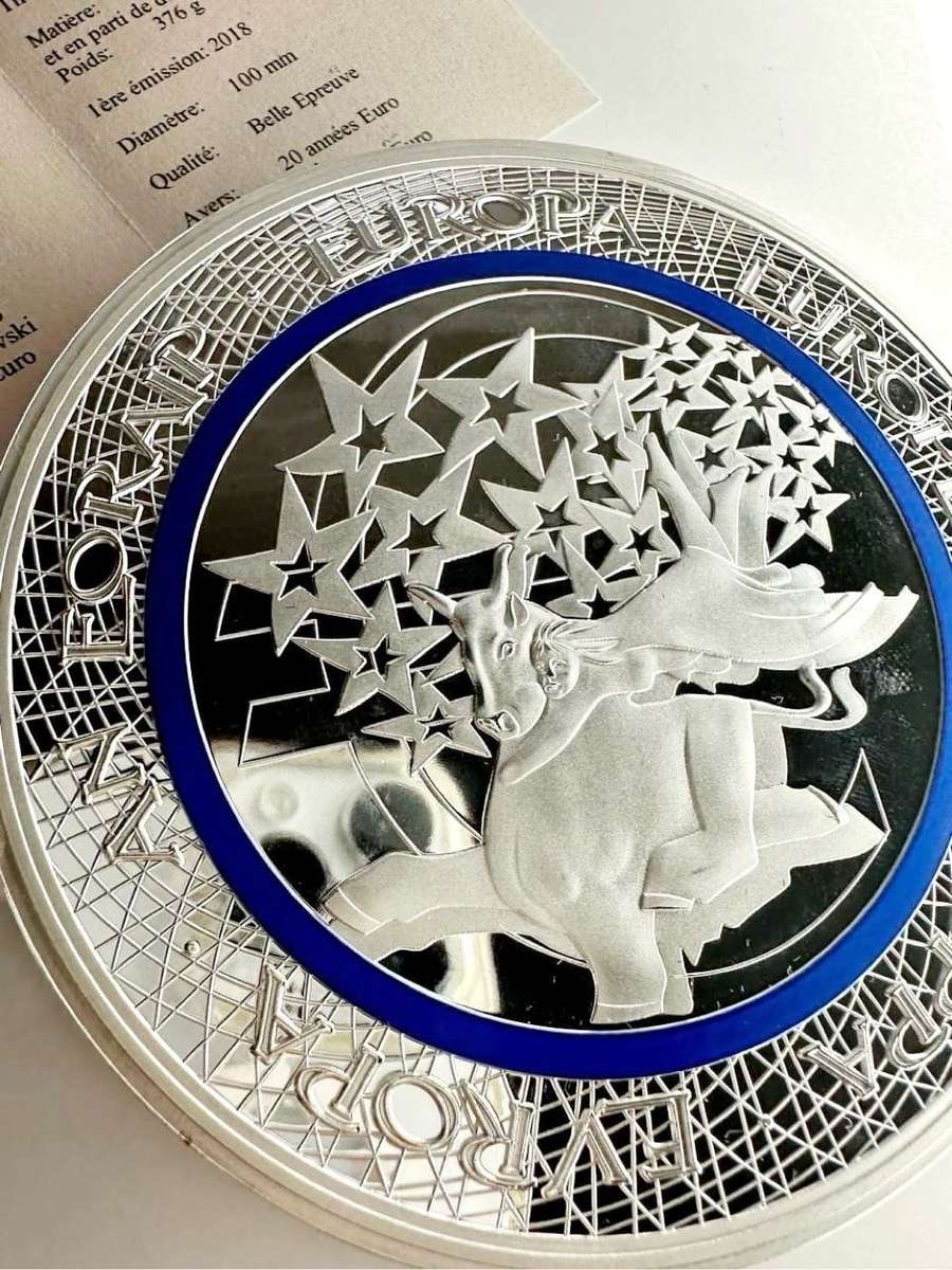 GIGANT MEDAL 100 MM 20 YEARS EURO SILVER-PLATED PP - RARE COLLECTIBLE ITEM + CERTIFICATE