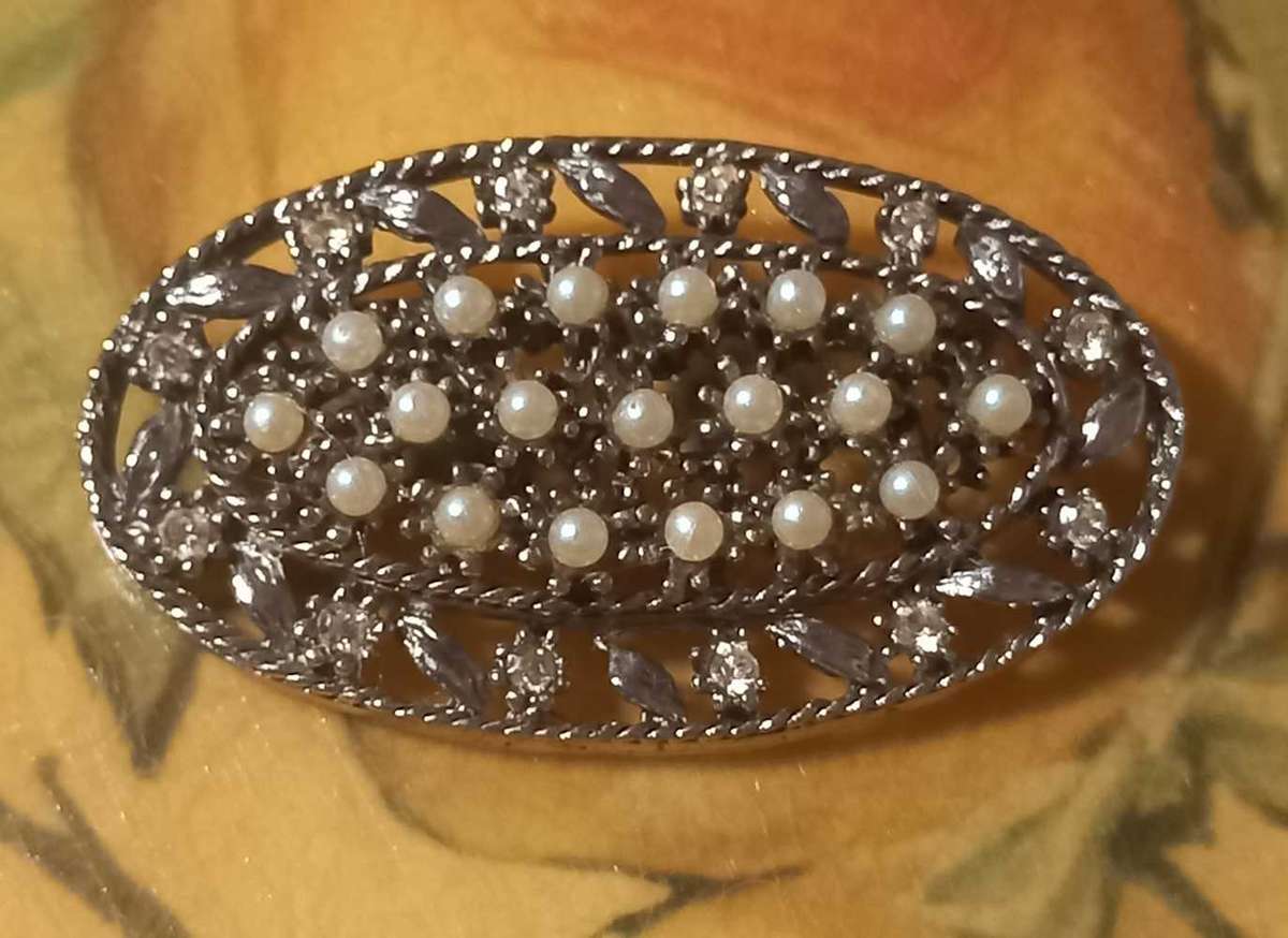 Vintage Silver Tone Brooch with Faux Seed Pearls and Clear Rhinestones