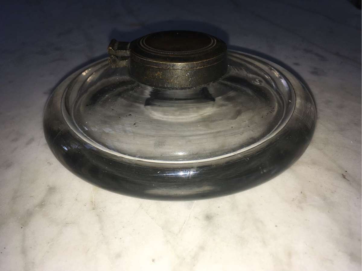 Antique hand blown glass inkwell with brass lid