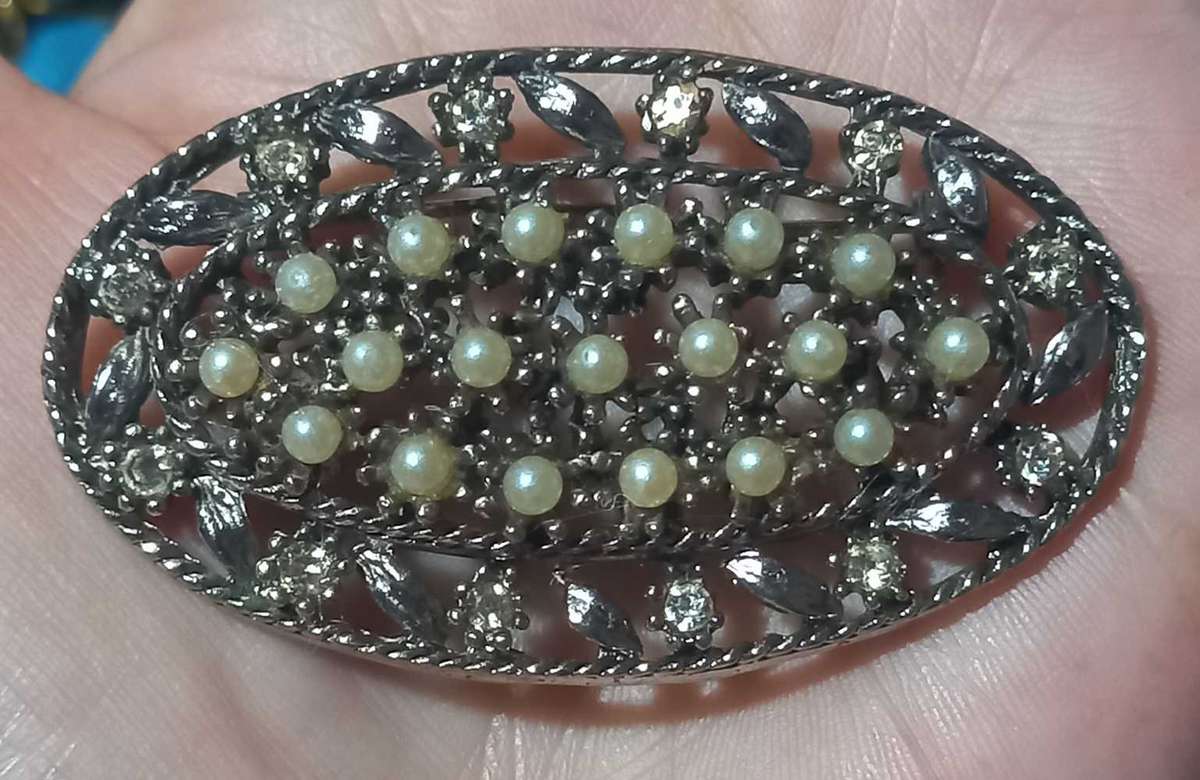 Vintage Silver Tone Brooch with Faux Seed Pearls and Clear Rhinestones