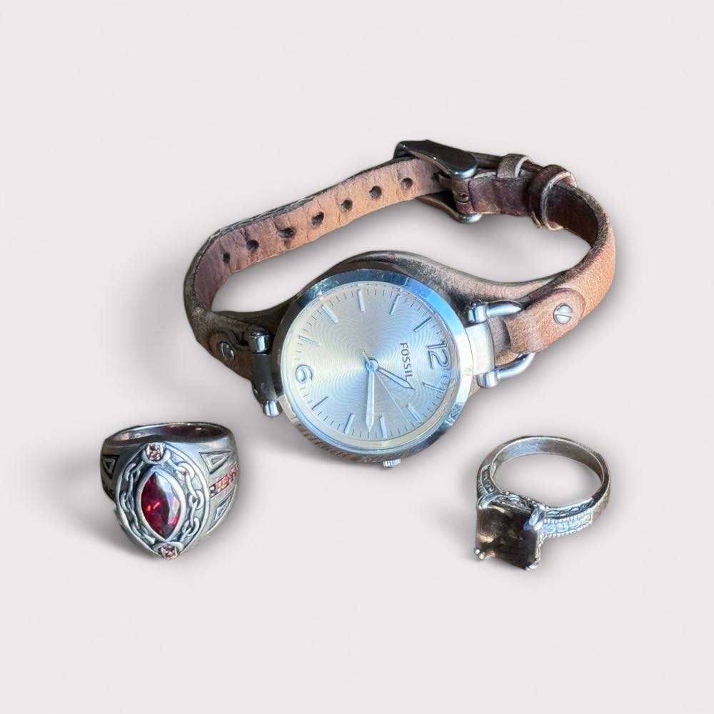 Vintage Fossil Ladies Watch & Sterling Silver Rings