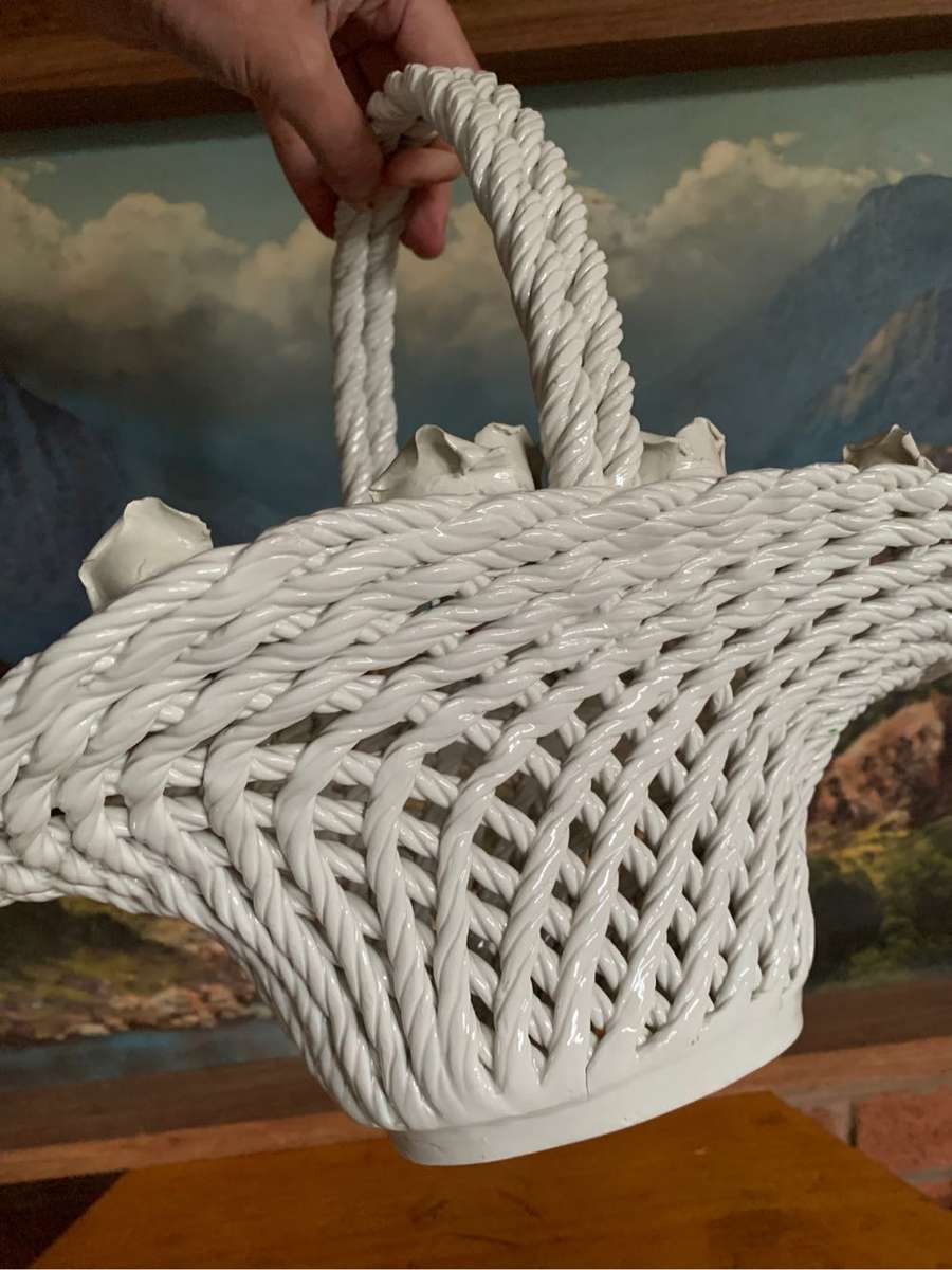 Huge woven pottery basket decorated with roses