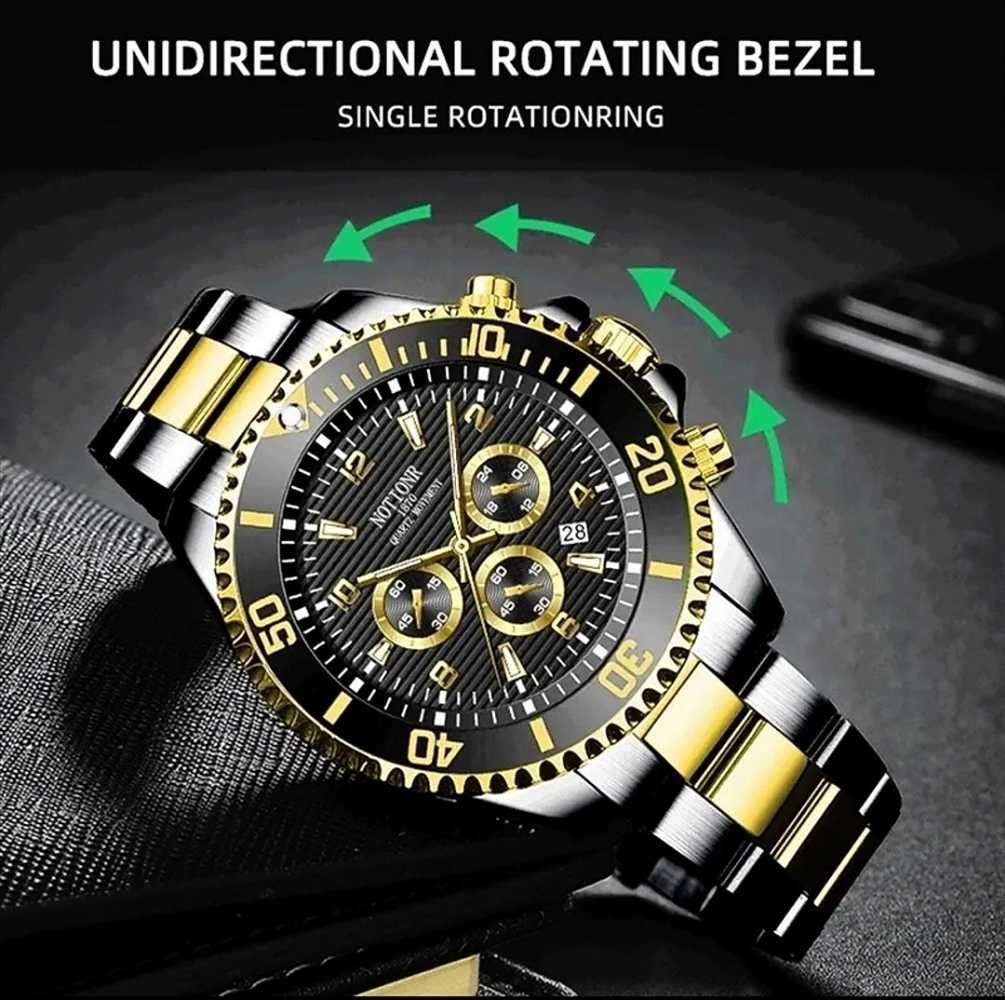 Luxury Watch for Men, Luminous Display, Chronograph, Quartz, Black Gold