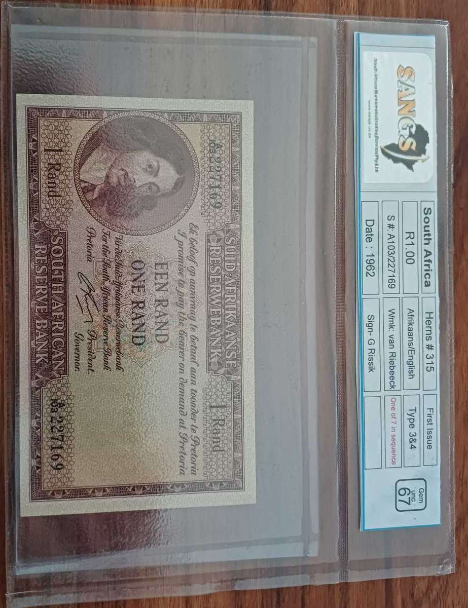 1962 Graded Unc 67 South Afriça Rissik One Rand Note