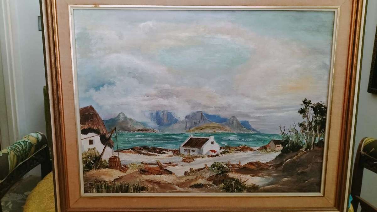 Cape Fishing Village Scene Framed Painting