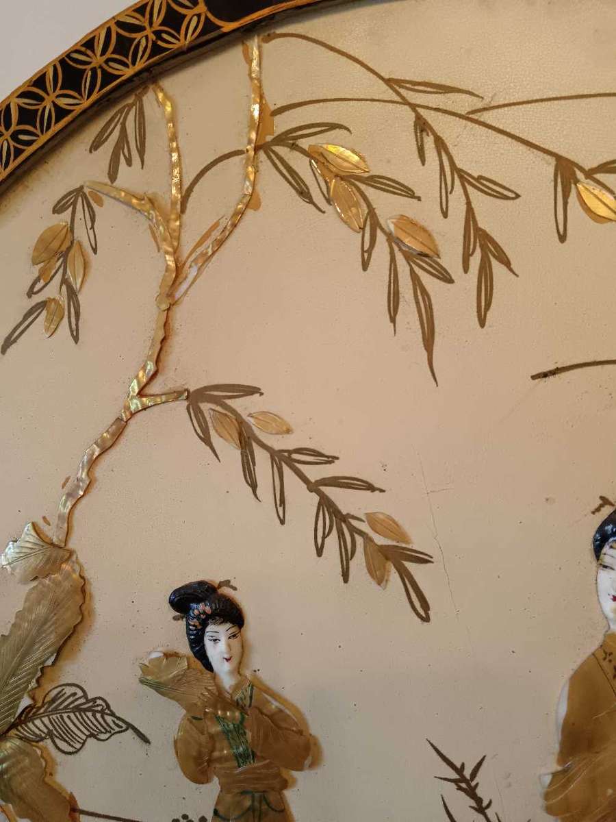 Large  Oriental Round Wall Panel Inlaid Mother of Pearl