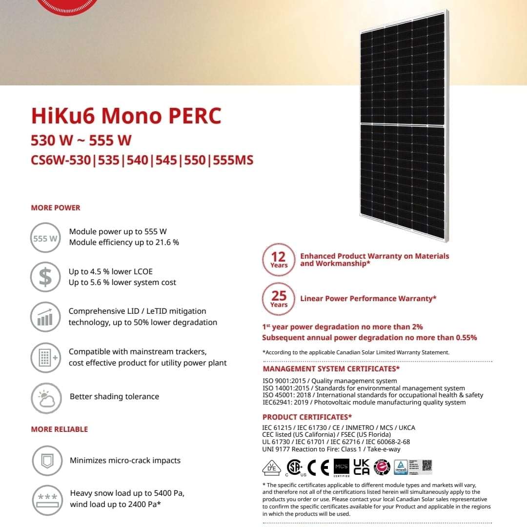 Canadian Solar panels 530W - 555W