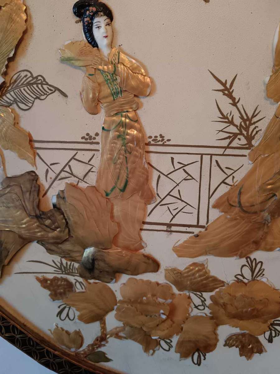 Large  Oriental Round Wall Panel Inlaid Mother of Pearl