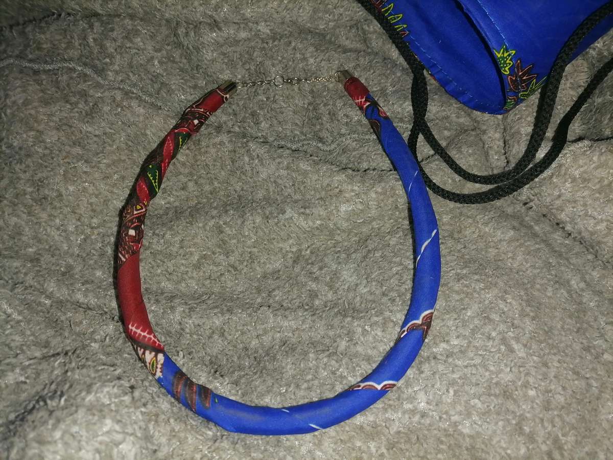 African clutch bag, neck piece, earrings and head scarf