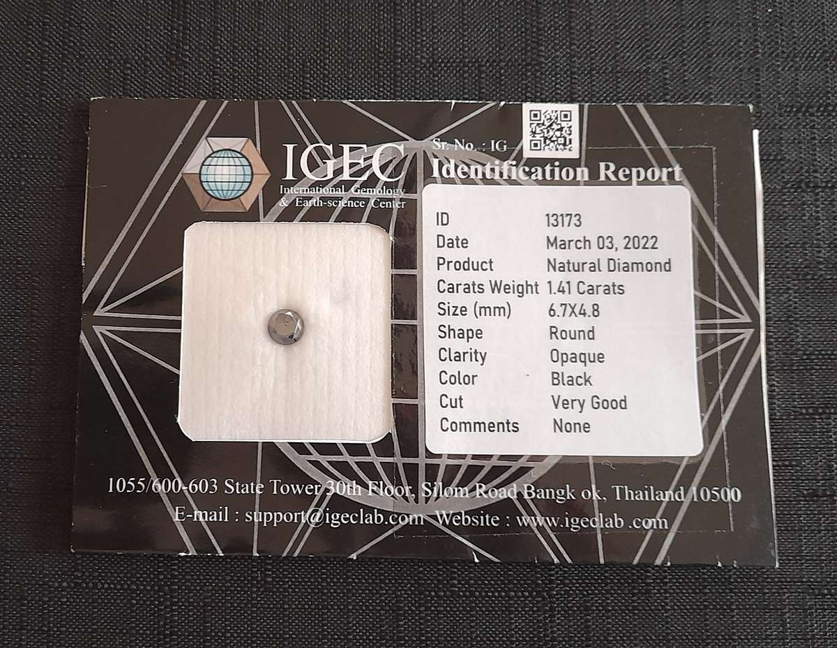 Certified 1.41 Carat Black diamond that was naturally mined with IGEC Identification Report