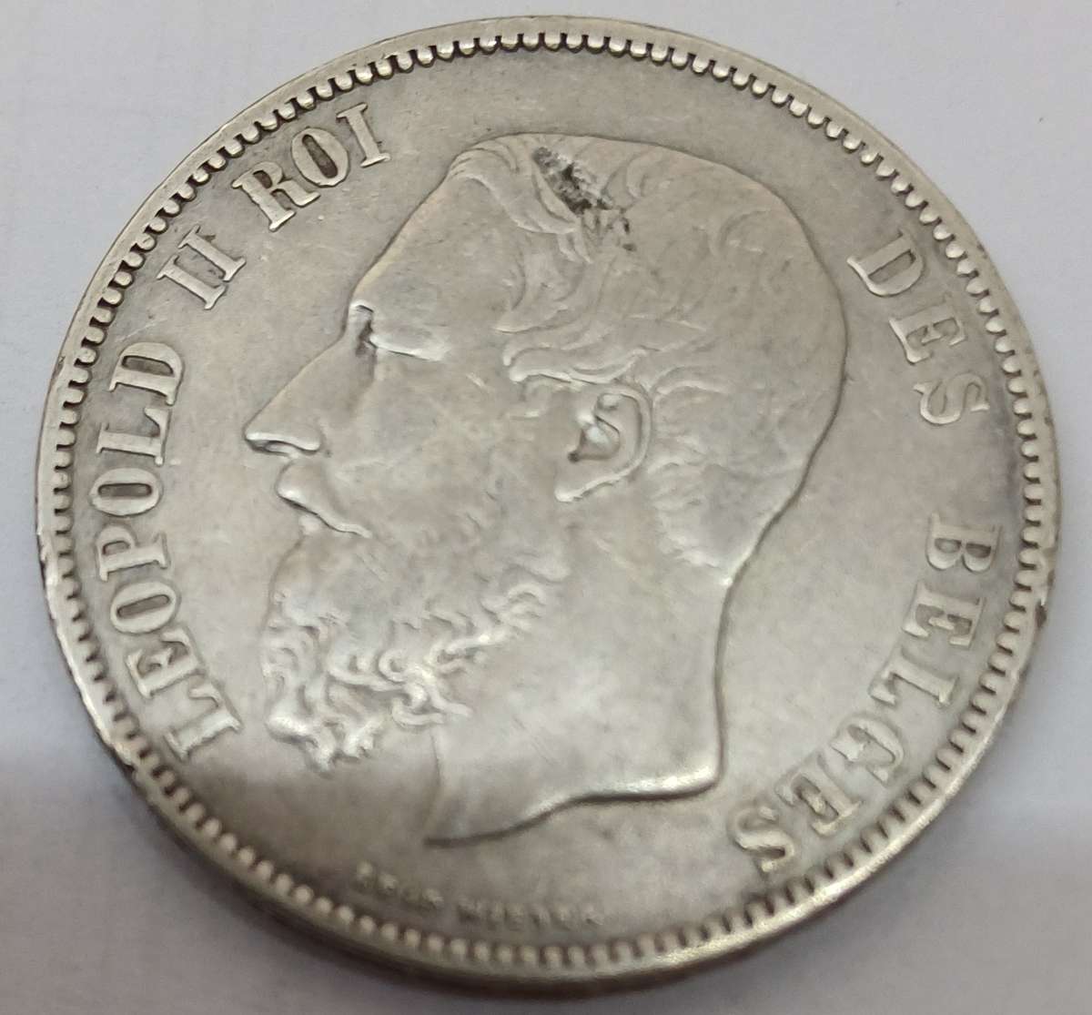 90% 1873 Silver Belgian 5Francks Large Head